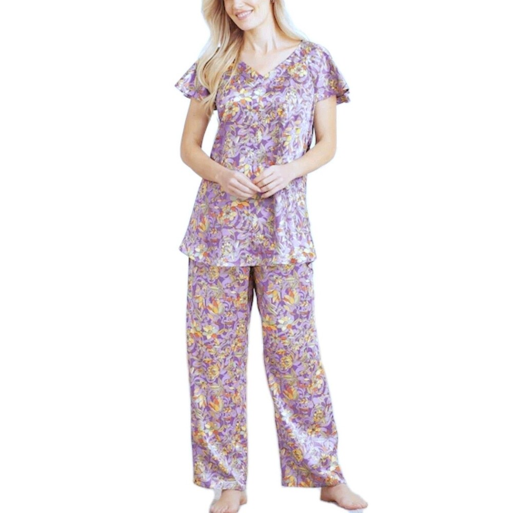 Anthony Richards Satin Pajama Set Flutter Sleeve Relaxed Lavender Paisley Size M
